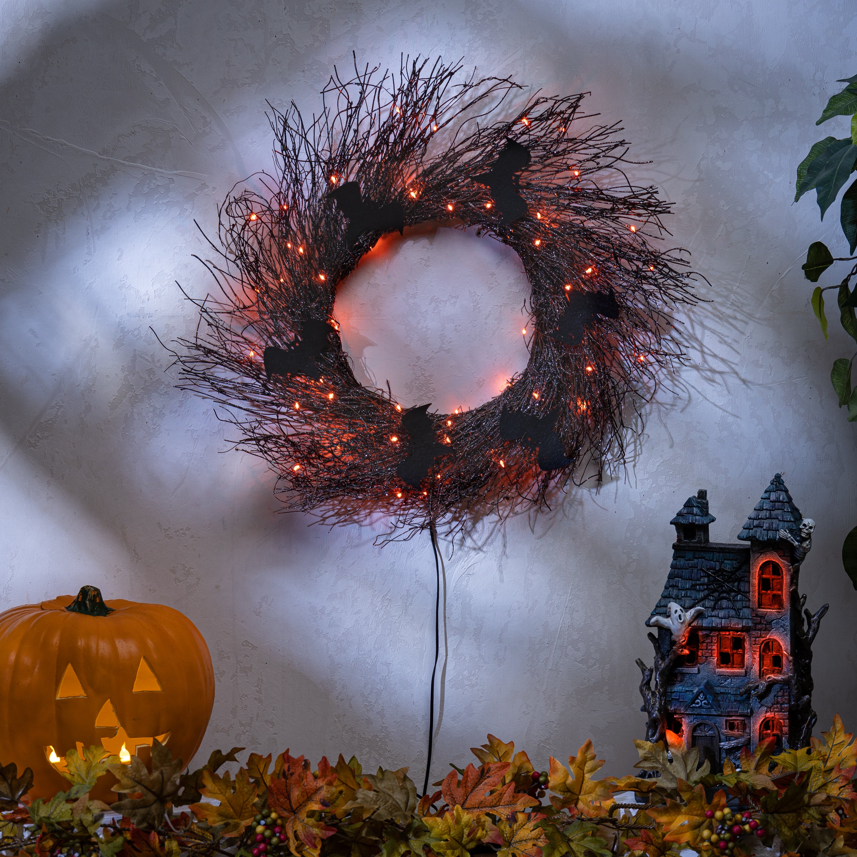 20 in Black Halloween Twig Wreath with Bats and Orange LEDs